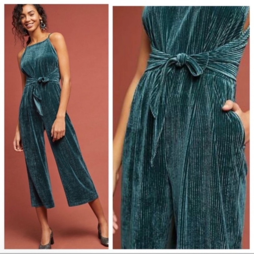 Anthropologie Greylin Evelyn Green Ribbed Velvet Jumpsuit Tie Waist Sz XS